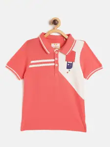 toothless Boys Coral Pink  Off-White Colourblocked Pure Cotton Polo Collar Pure Cotton T-shirt
