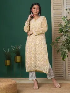 ADA Women Beige Ethnic Motifs  Hand Embroidered Chikankari Handloom Kurta with Inner