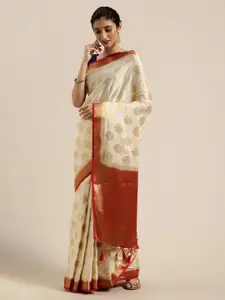 MIMOSA Off-White & Gold-Toned Poly Crepe Woven Design Mysore Silk Saree