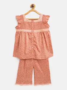 Cherry Crumble Girls Peach-Coloured Printed Night Suit