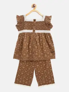 Cherry Crumble Girls Brown & Off-White Floral Print Cotton Night suit