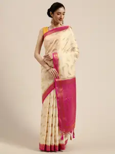 MIMOSA Off-White Poly Crepe Woven Design Mysore Silk Saree