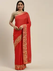 Indian Women Red & Golden Silk Blend Embellished Saree