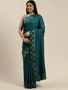 Indian Women Teal Blue Solid Silk Blend Saree