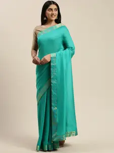 Indian Women Turquoise Blue Solid Silk Blend Saree