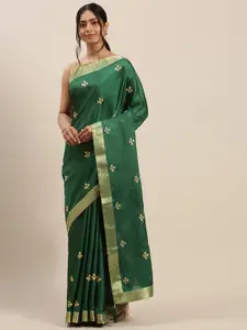 Indian Women Green & Golden Silk Blend Embroidered Saree