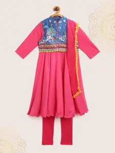 Biba Girls Pink & Blue Solid Threadwork Detail Anarkali Kurta Set & Ethnic Jacket