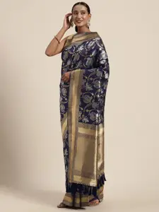 VASTRANAND Navy Blue & Golden Silk Blend Woven Design Banarasi Saree