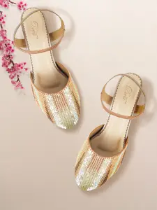 Mochi Women Peach-Coloured & Green Embellished Pumps