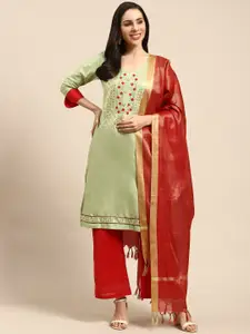 Rajnandini Green & Red Pure Cotton Embroidered Semi-Stitched Dress Material