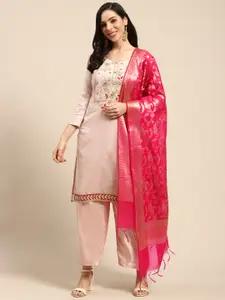 Rajnandini Pink & Golden Embellished Semi Stitched Dress Material