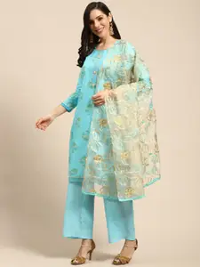 Rajnandini Turquoise Blue & Green Pure Cotton Semi-Stitched Dress Material