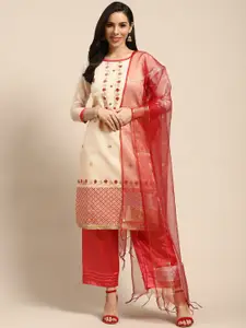 Rajnandini Beige & Coral Embroidered Unstitched Dress Material
