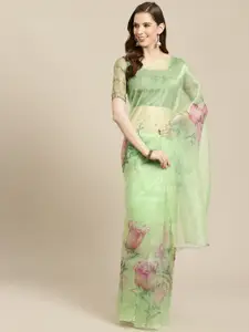 Rajnandini Green & Pink Organza Floral Print Saree