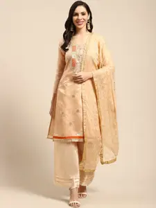 Rajnandini Beige & Peach-Coloured Embroidered Semi-Stitched Dress Material