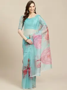 Rajnandini Blue & Pink Organza Floral Print Saree