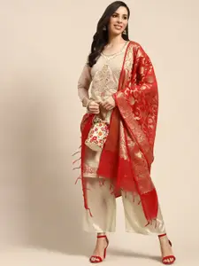 Rajnandini Golden & Red Embroidered Semi-Stitched Dress Material