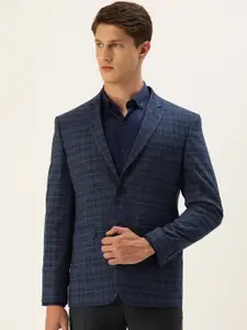 Peter England Men Navy Blue & White Checked Neo Slim-Fit Single-Breasted Formal Blazer