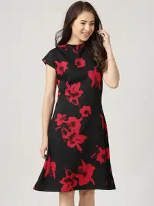 Marie Claire Black Crepe Floral Print A-Line Dress