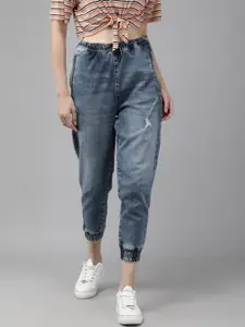 ONLY ONLY Women Blue Relaxed Fit High-Rise Low Distress Light Fade Stretchable Jeans