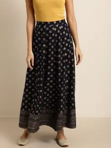Shae by SASSAFRAS Women Navy & Golden Liva Foil Print Flared Maxi Skirt