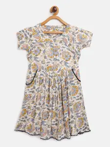 Bella Moda Girls Off-White & Blue Floral Print Fit and Flare Dress with Pocket Detail
