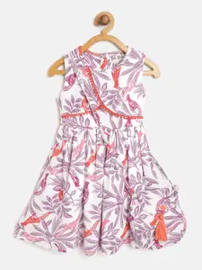 Bella Moda Girls White & Purple Pure Cotton Leaf Print Fit and Flare Dress with Sling Bag