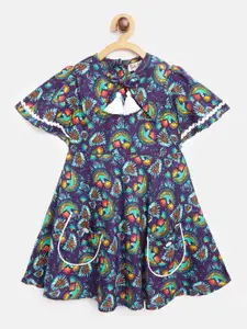 Bella Moda Girls Blue & Sea Green Bird Print Fit & Flare Dress with Pocket Detail