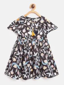Bella Moda Girls Black & Blue Floral Print Fit and Flare Dress with Tasselled Detail