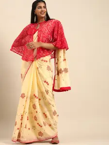 Sangria Cream-Coloured & Red Silk Blend Embroidered Saree With Detachable Cape