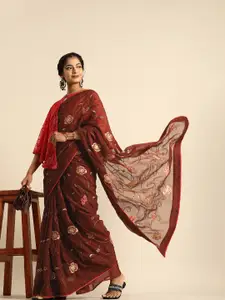 Sangria Coffee Brown & Red Embroidered Saree