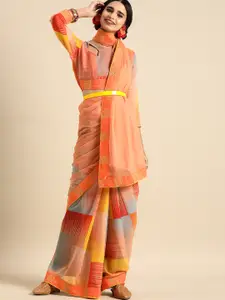 Sangria Peach-Coloured & Multicoloured Checked Saree