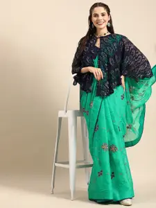 Sangria Green & Navy Blue Silk Blend Embroidered Saree