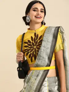 Sangria Grey & Yellow Pure Linen Printed Celebrity Saree