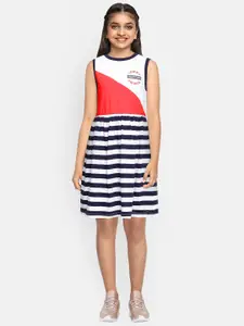 Tommy Hilfiger Girls White & Navy Blue Striped Pure Cotton Fit & Flare Dress