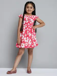 YK Girls Pink & White Floral Print Fit & Flare Dress