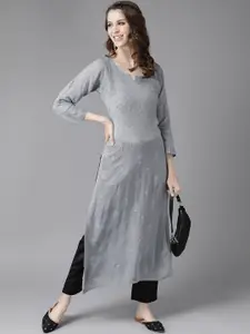 ADA Women Grey Sustainable Ethnic Motifs Hand Embroidered Chikankari Kurta