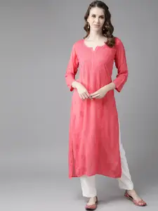 ADA Women Pink Ethnic Motifs Embroidered Chikankari Georgette Handloom Kurta