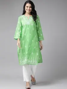ADA Women Green & White Cotton  Ethnic Motifs Hand Embroidered Chikankari Handloom Kurta