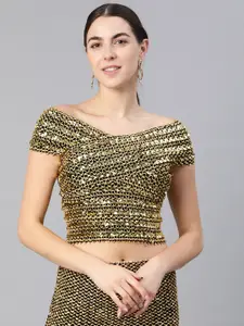 KASSUALLY Women Golden & Black Sequinned Off-Shoulder Bardot Crop Top
