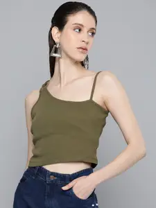 Sassafras Olive Green Pure Cotton Fitted Crop Top