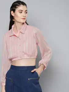 Sassafras Pink & Off White Striped Shirt Style Crop Top