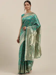 Saree mall Teal Green & Golden Silk Blend Woven Design Banarasi Saree