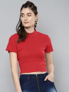 SASSAFRAS Maroon Pure Cotton Fitted Crop Top With Lettuce Edge