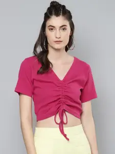 SASSAFRAS Magenta Pink Pure Cotton Ruched Tie-Ups Crop Top