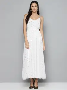 SASSAFRAS Women White & Golden Self Design Dobby Pattern Maxi Dress