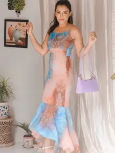 SASSAFRAS Blue & Brown Tie & Dye Printed Smocked A-Line Maxi Dress