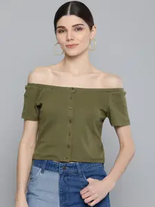 Sassafras Olive Green Ribbed Boat Neck Fitted Crop Top