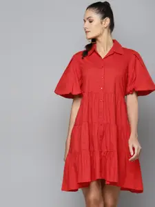 SASSAFRAS Women Red Solid Cotton Fit and Flare Tiered Dress