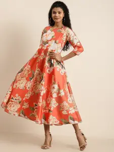 Shae by SASSAFRAS Women Orange & Pink Floral Printed A-Line Dress